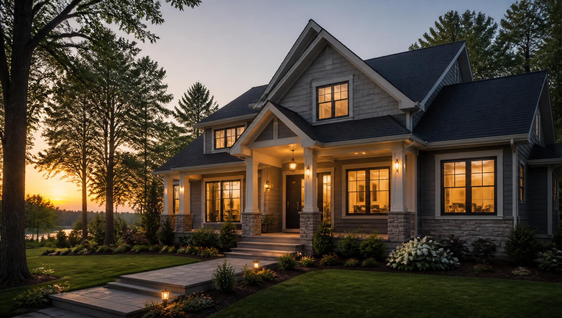 Modern suburban family home at sunset with a lit front porch and landscaped lawn